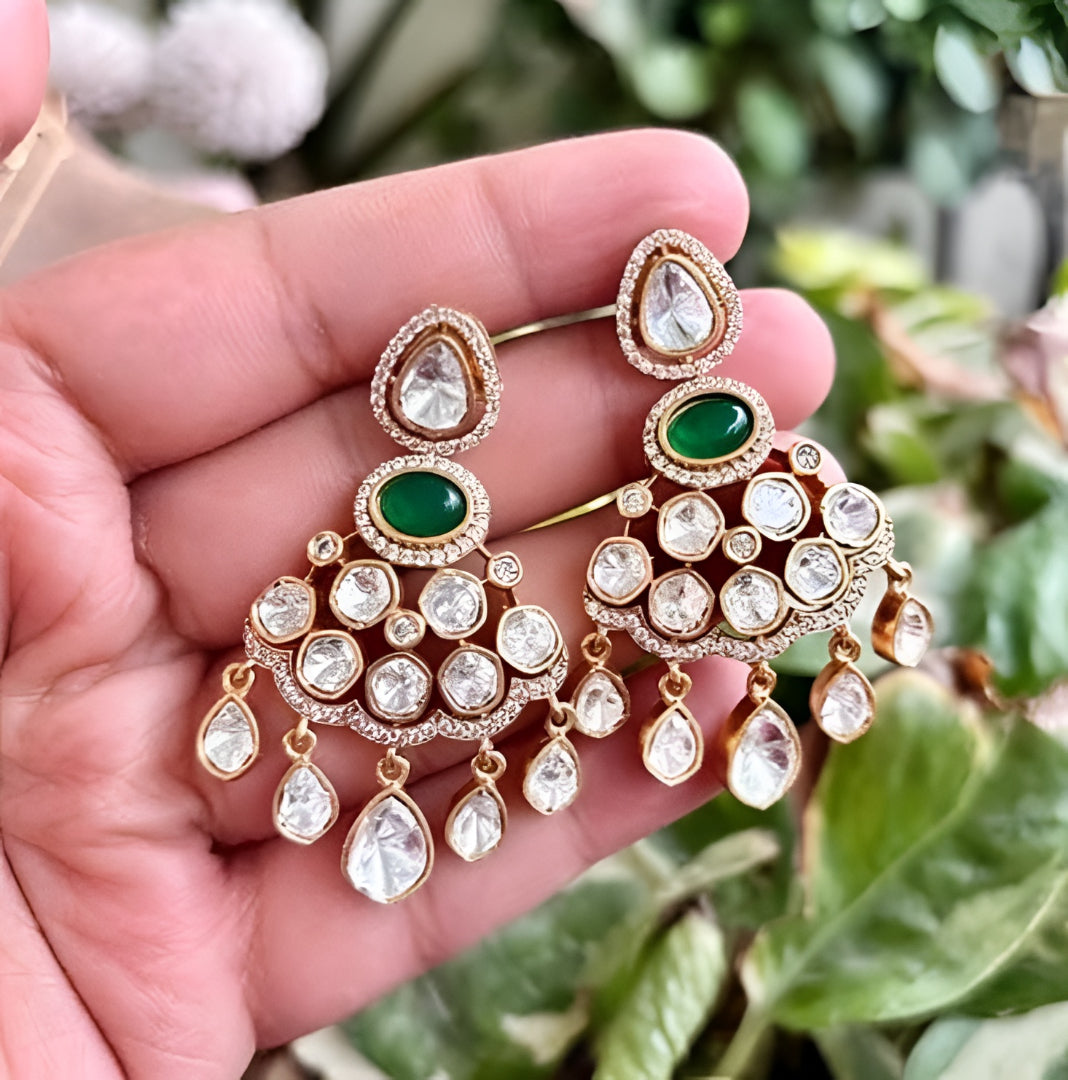 Polki Diamond Look Chandbali Earrings with Emerald Green Stone