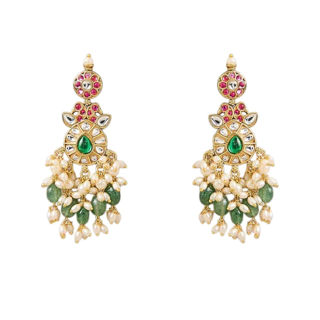 Pink Green Kundan Necklace Set with Statement Earrings