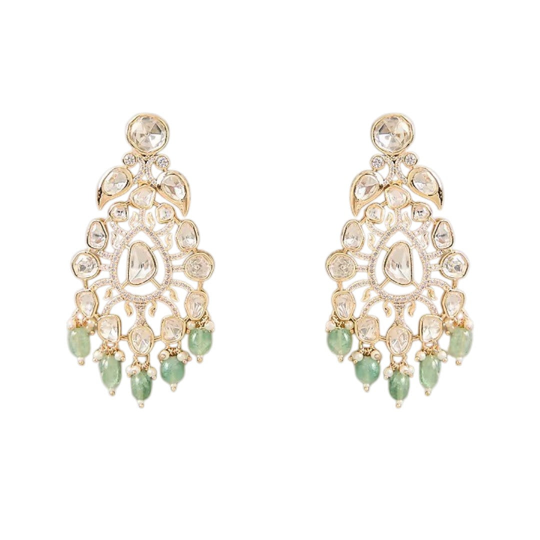 Mint green Kundan necklace set with white stones and matching earrings