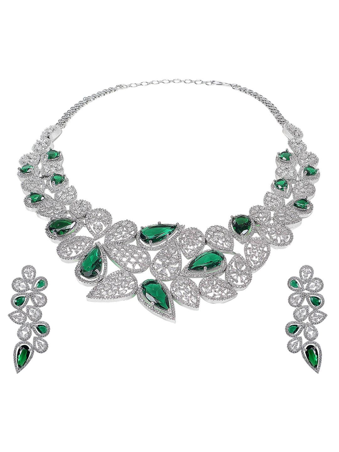 Glamorous Green Rhodium Plated American Diamond Necklace Set For Women