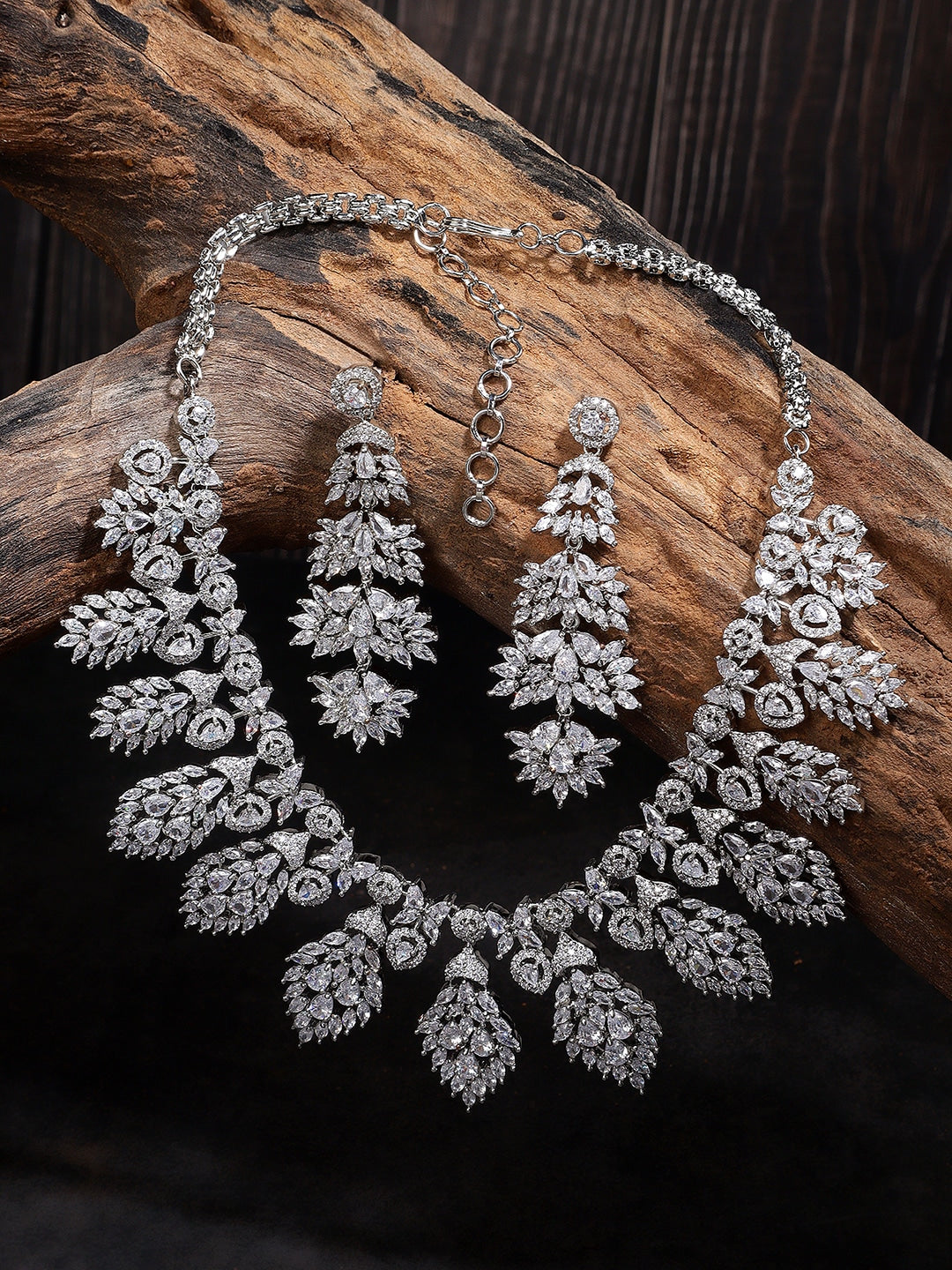 Rhodium Plated White American Diamond Necklace Set For Women