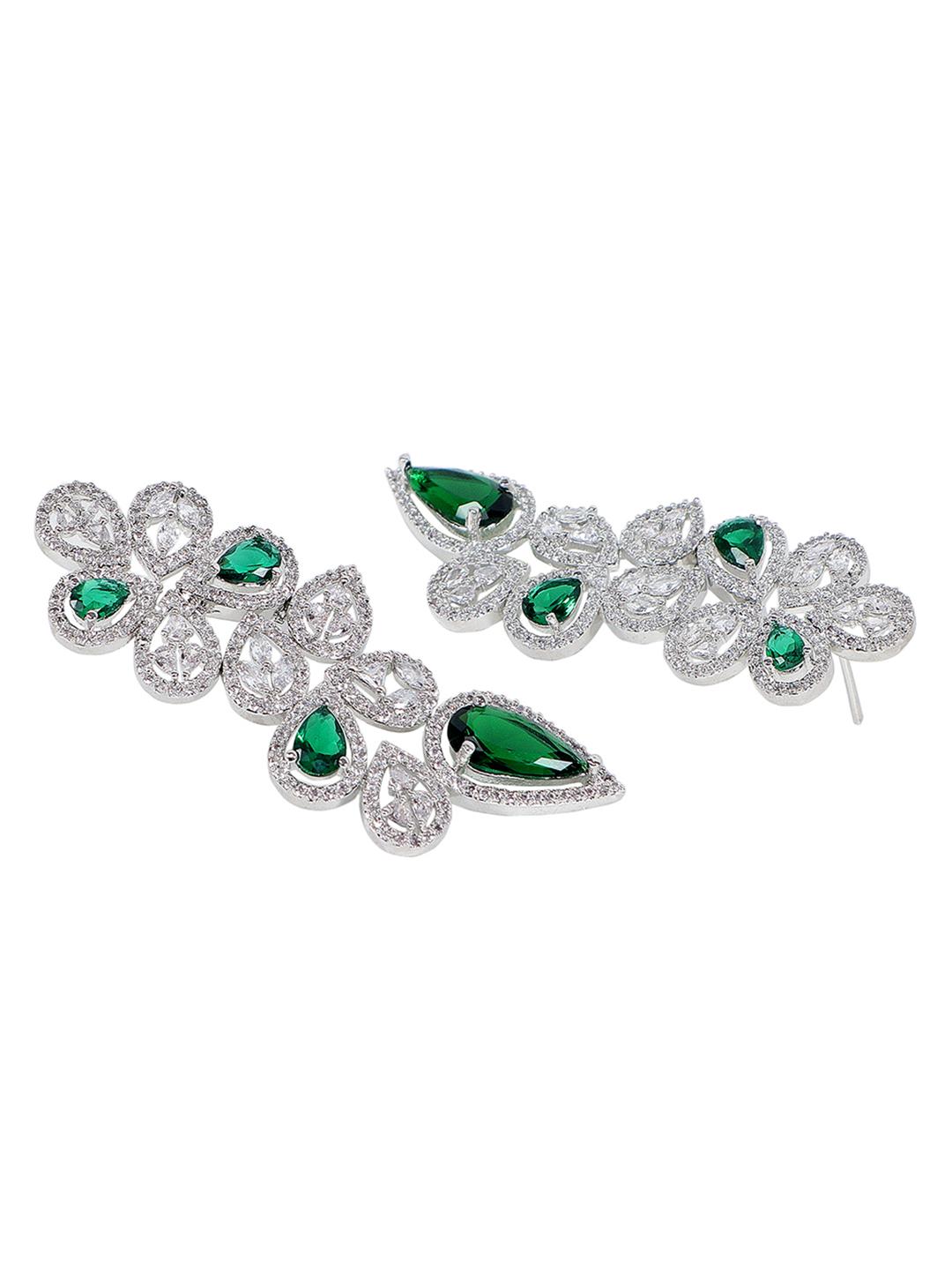 Glamorous Green Rhodium Plated American Diamond Necklace Set For Women