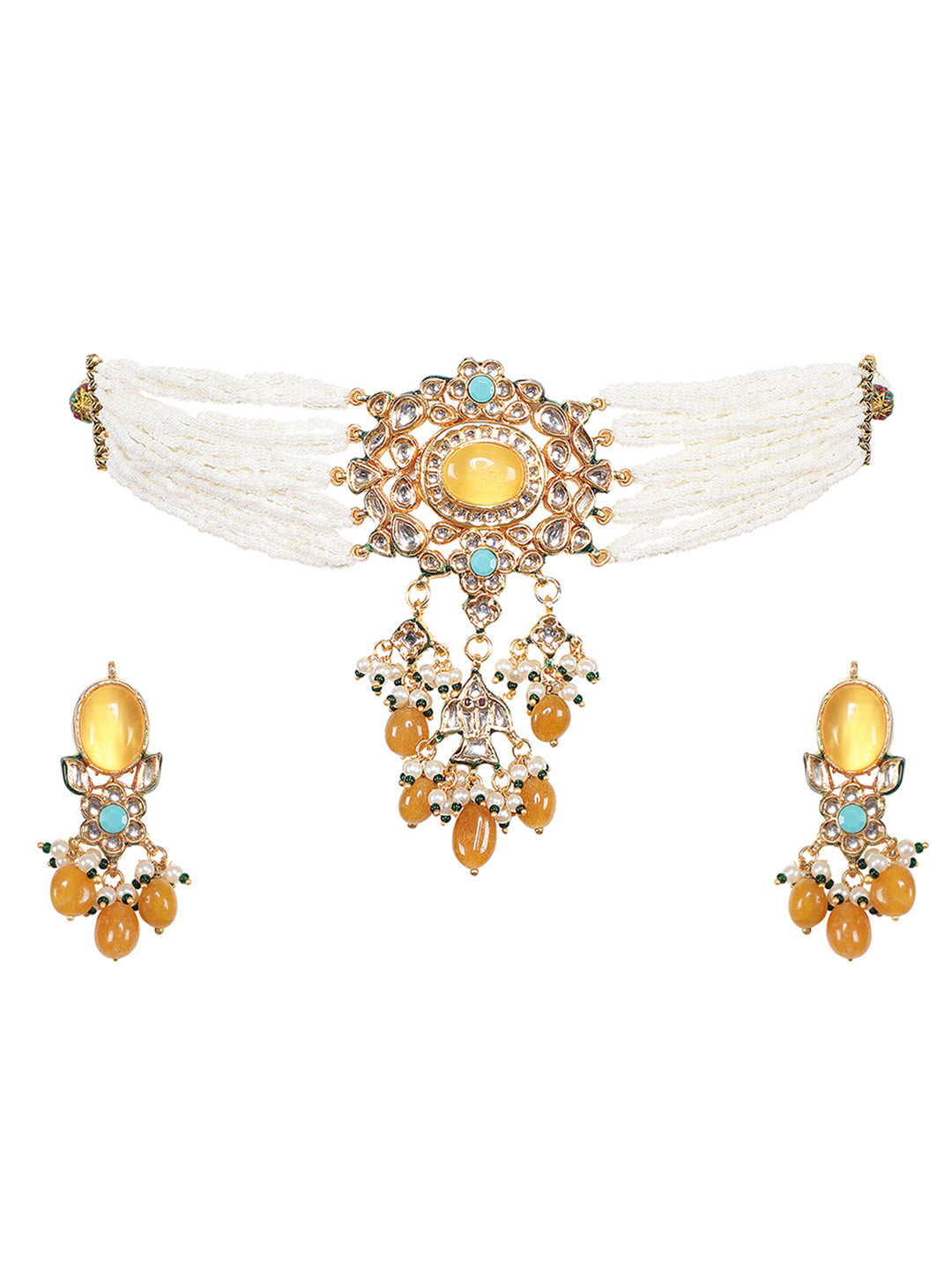 Gold Plated Yellow Kundan Traditional Choker Set For Women