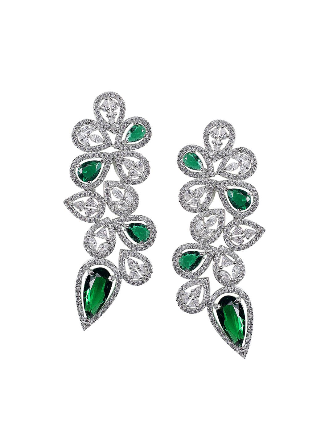 Glamorous Green Rhodium Plated American Diamond Necklace Set For Women