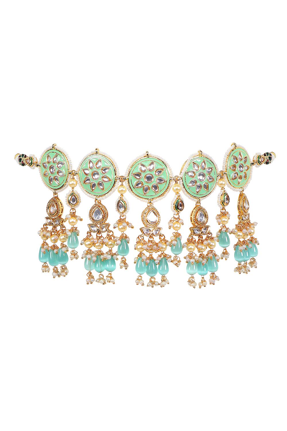 Elegant Gold Plated Mint Green & Blue Kundan Traditional Choker Set