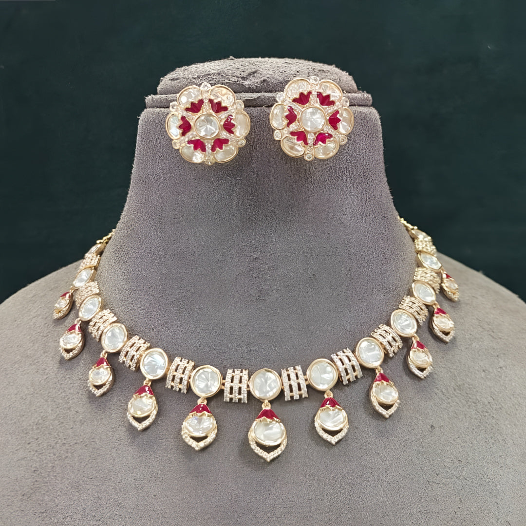 Pink Kundan Necklace Set with Floral Stud Earrings