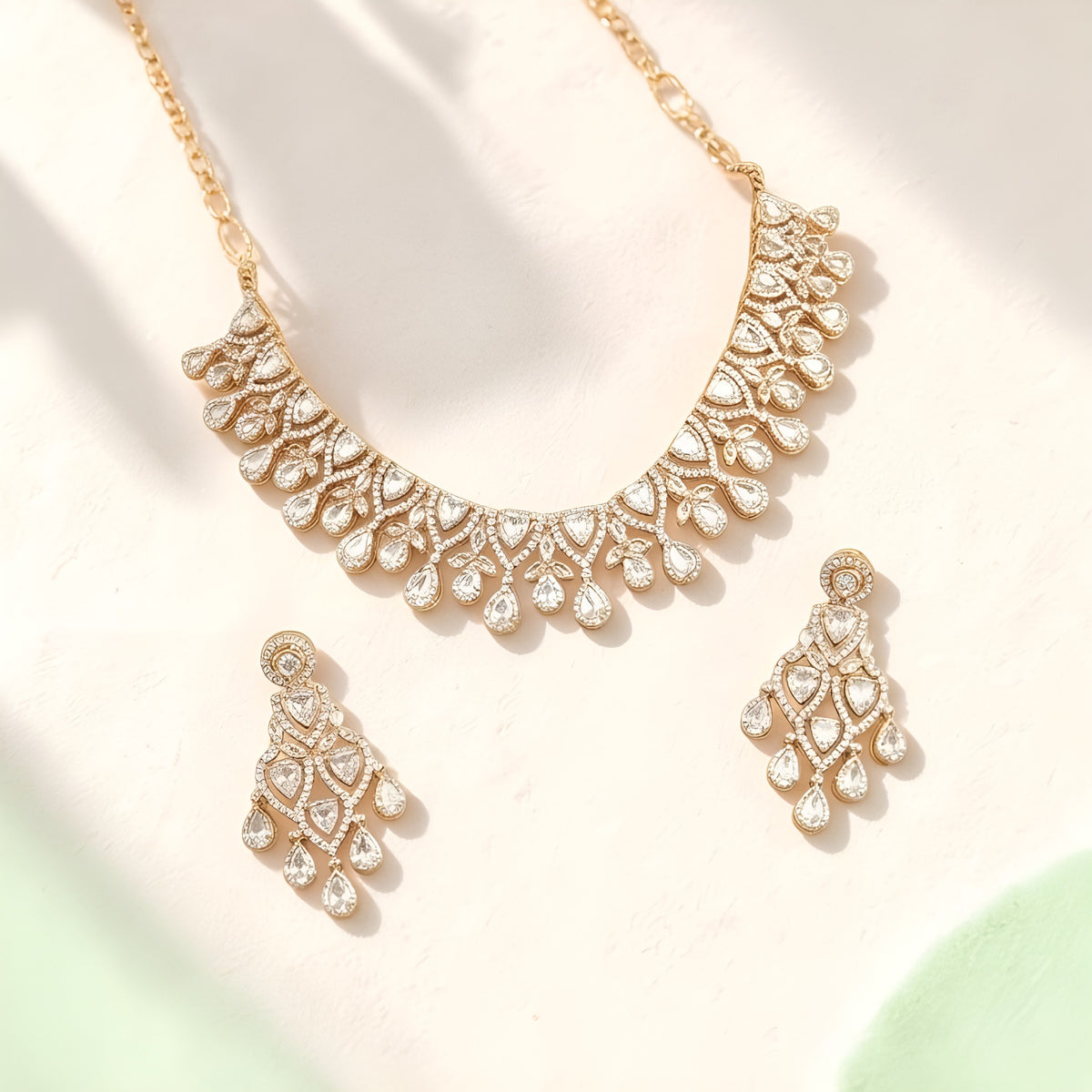 Rose Gold Polki Zircon Necklace Set with Earrings
