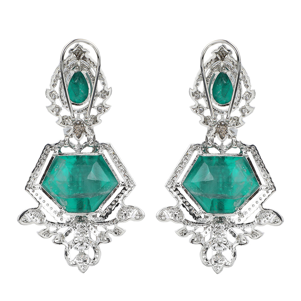 Silver plated green stone bridal necklace set with matching earrings featuring CZ diamond detailing and elegant pendant design