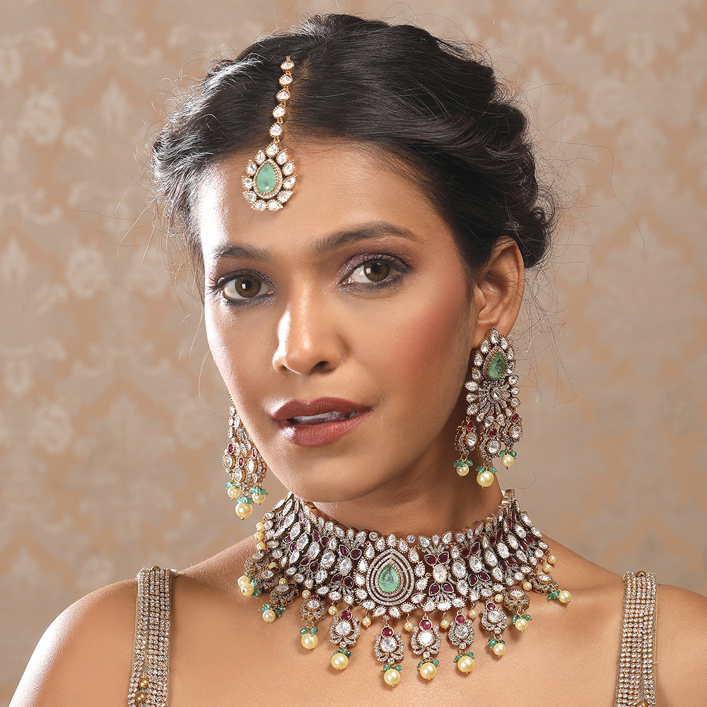 Moissanite Bridal Choker Necklace Set with Green & Red Stones