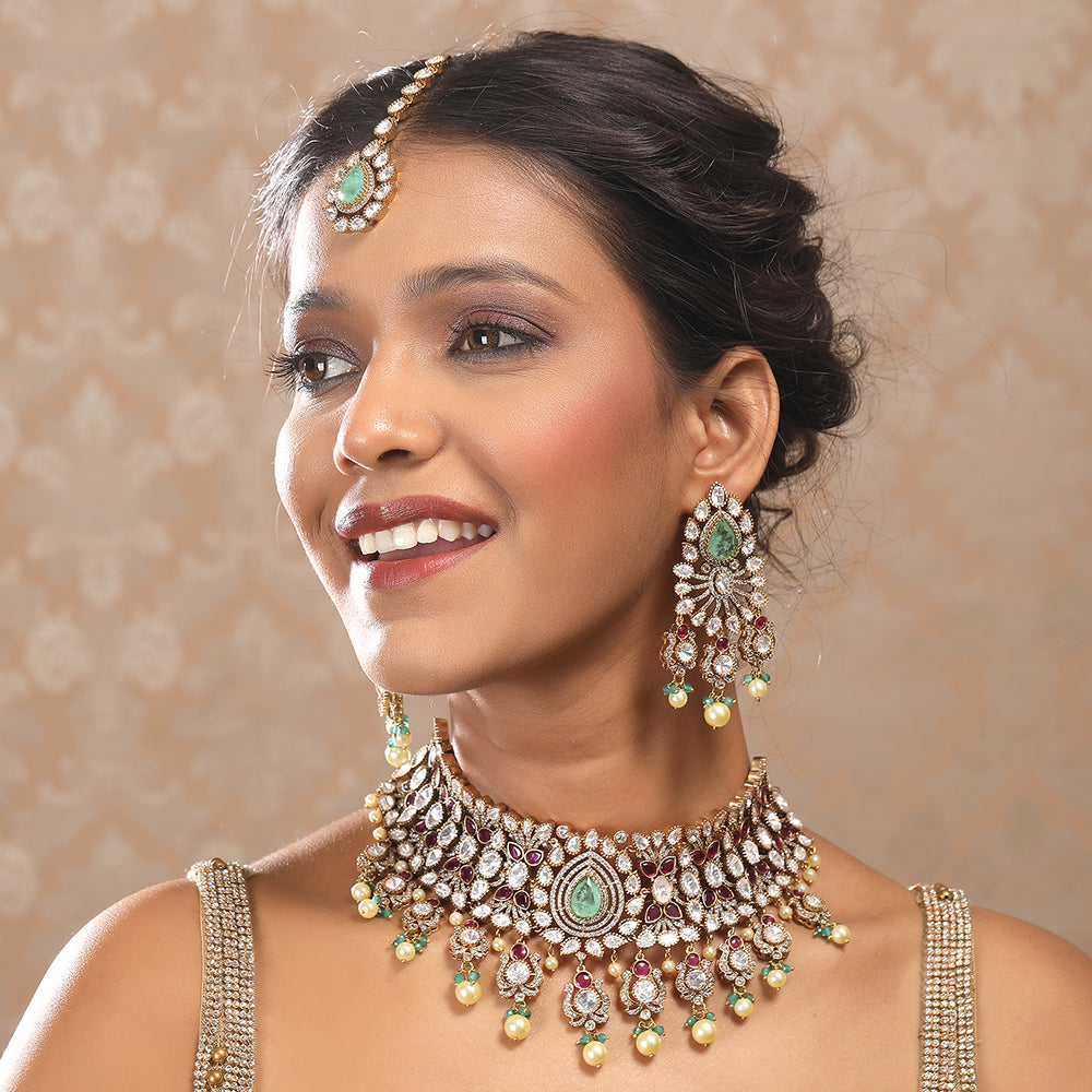 Moissanite Bridal Choker Necklace Set with Green & Red Stones
