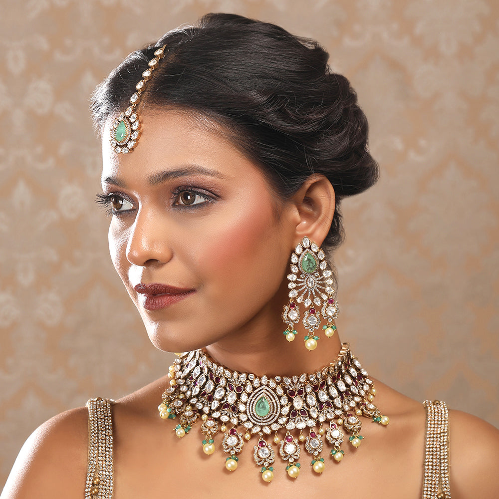 Moissanite Bridal Choker Necklace Set with Green & Red Stones