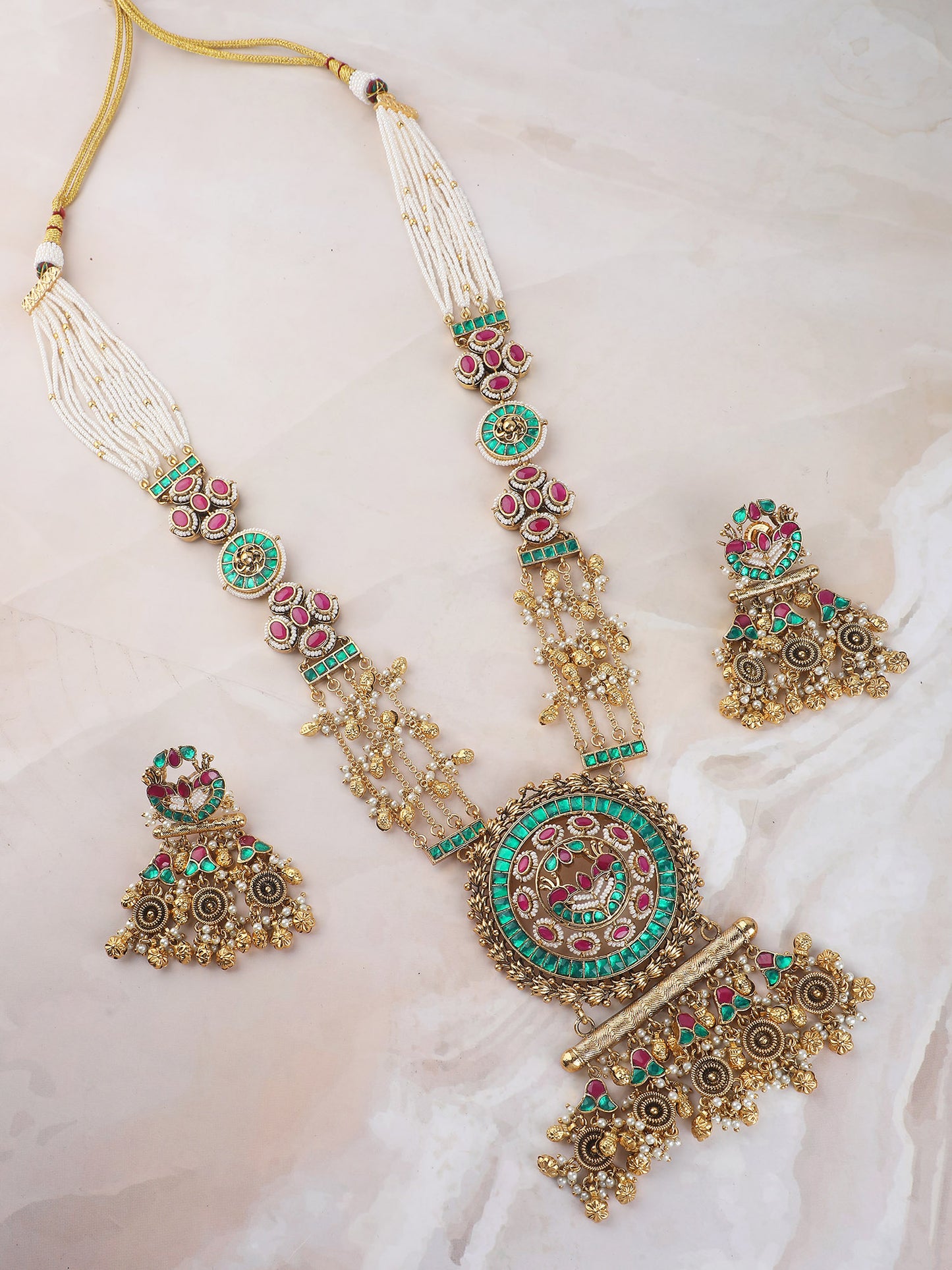 Green Kundan Beaded Raani Haar Necklace Set with Matching Earrings
