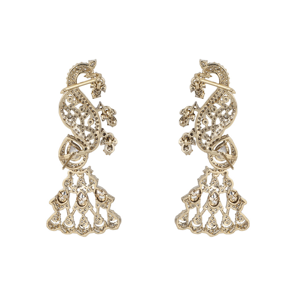 Gold-plated American diamond peacock ear cuff earrings for women with chandelier drop design, perfect for bridal, wedding, festive, and party wear.