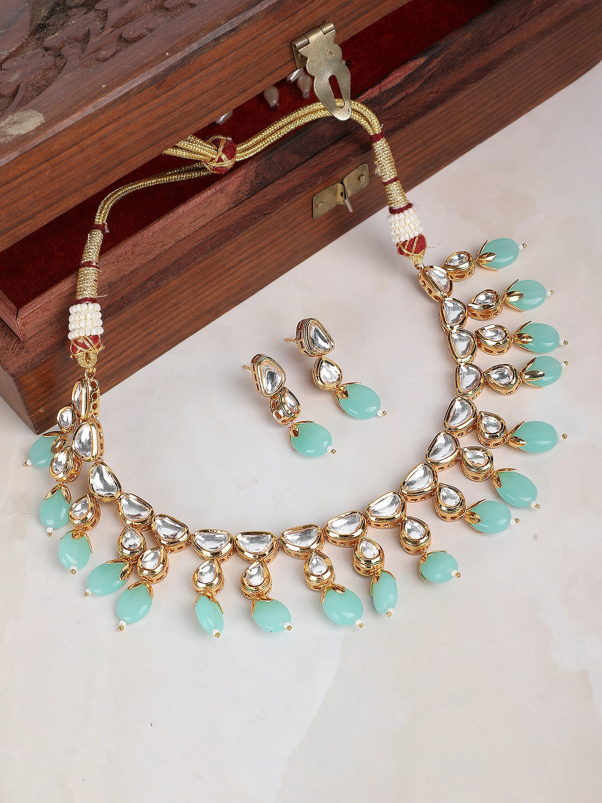 Kundan Necklace Set with Aqua Blue Beads For Girls