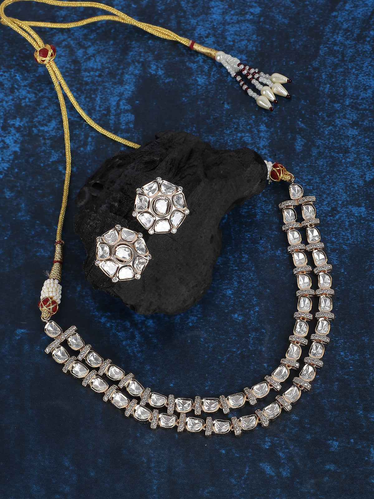 Kundan Necklace Set with Geometric Stud Earrings