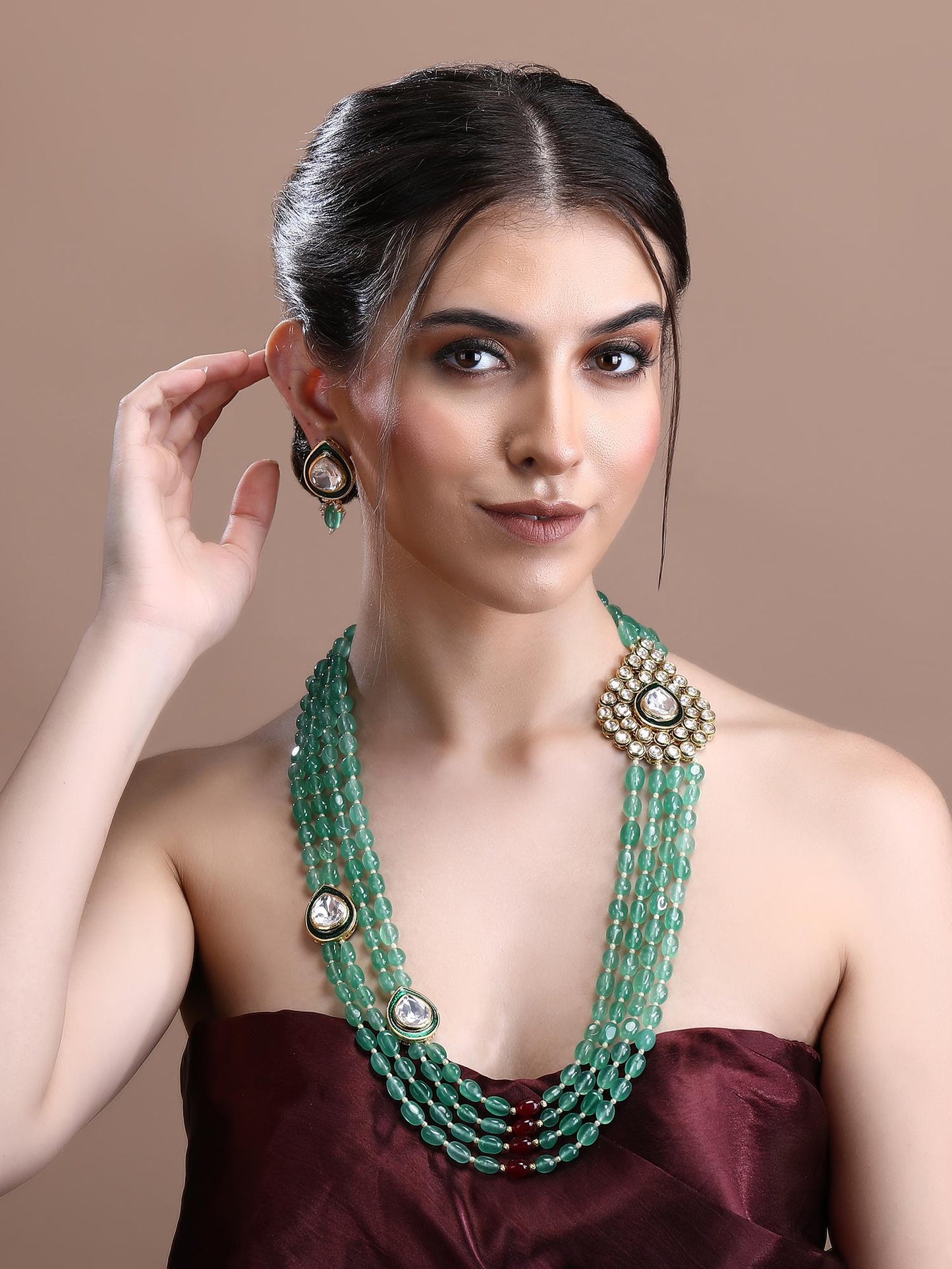 Dazzling 22KT Gold Plated Kundan Green Necklace Set