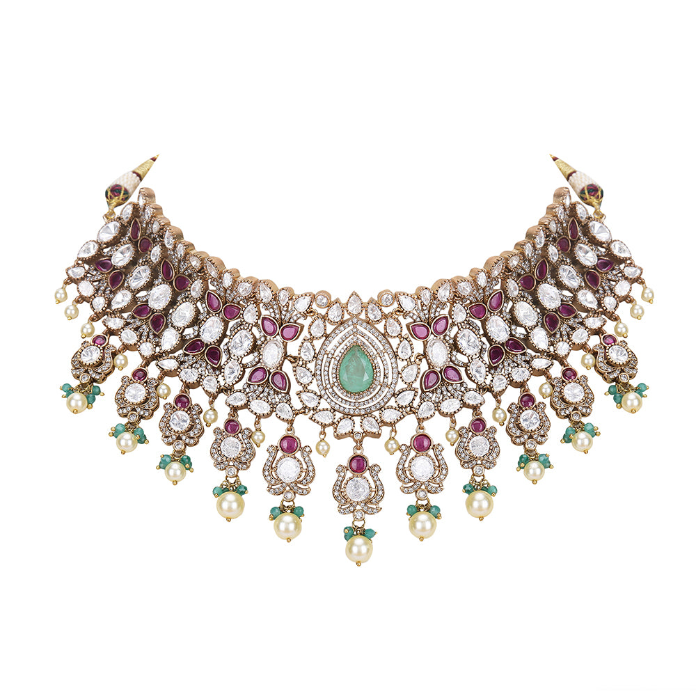 Moissanite Bridal Choker Necklace Set with Green & Red Stones