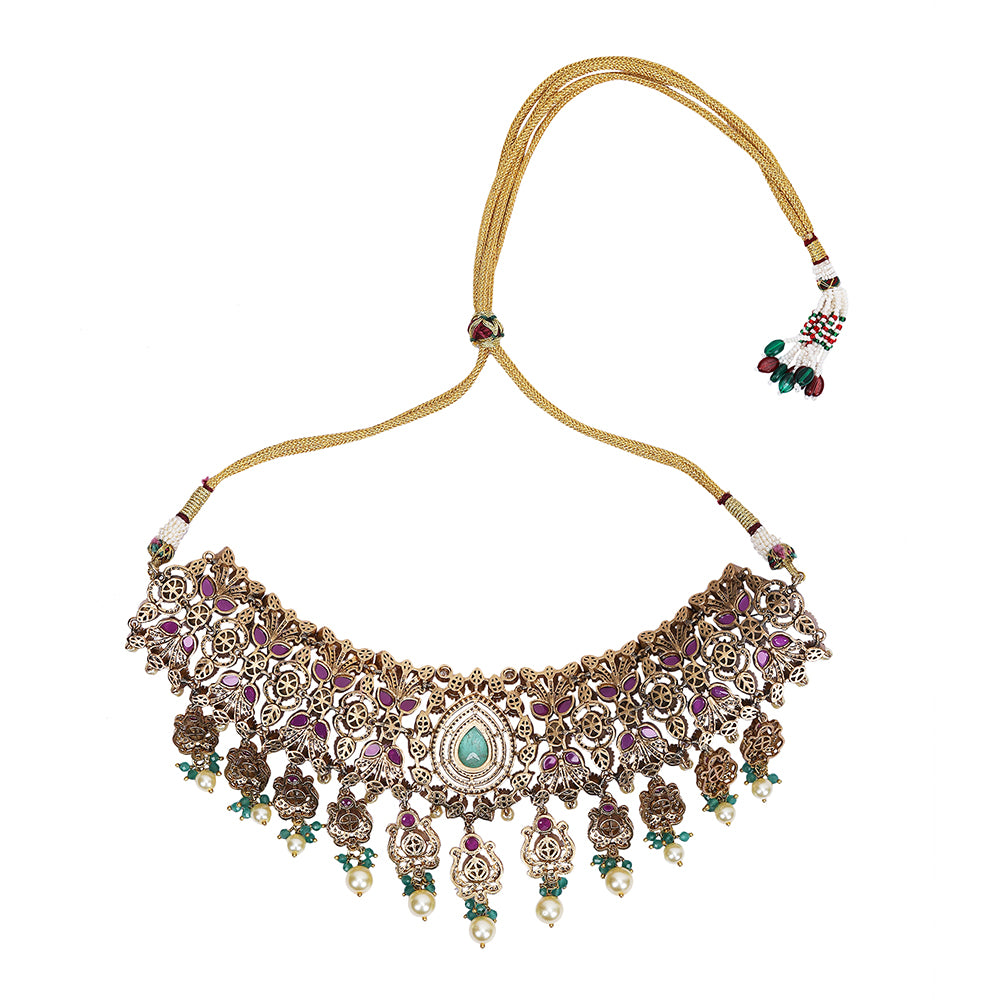 Moissanite Bridal Choker Necklace Set with Green & Red Stones