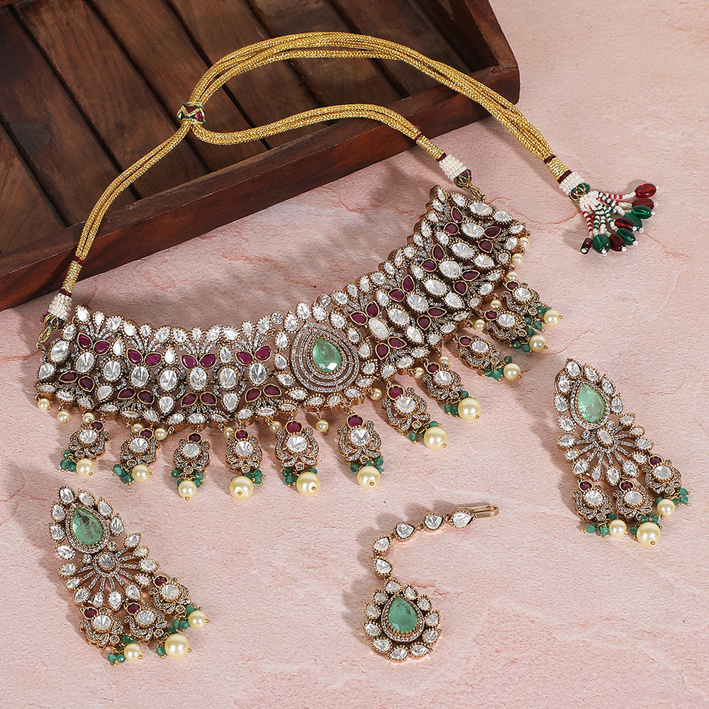 Moissanite Bridal Choker Necklace Set with Green & Red Stones