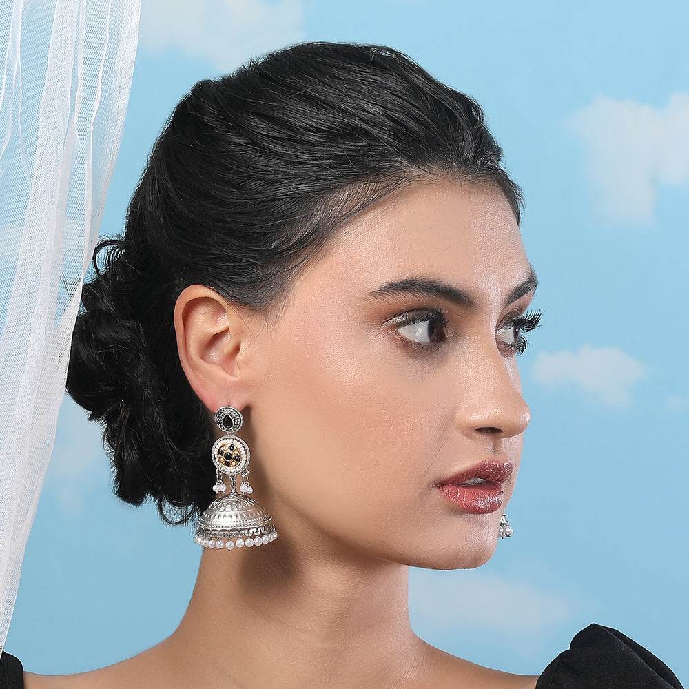 Aviana Antique Silver-Plated Designer Jhumka Earrings with Black Stone - Auraa Trends