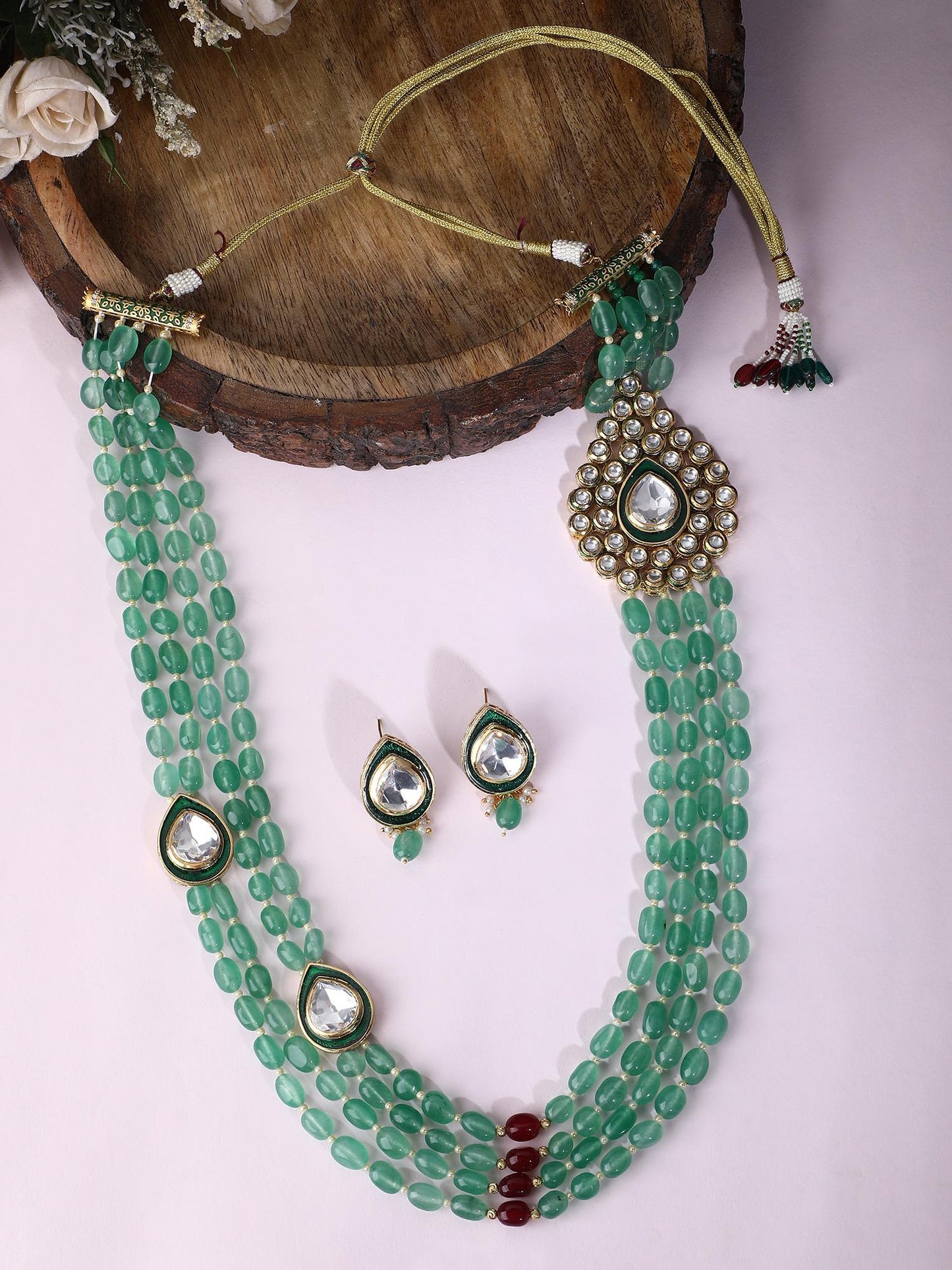 Dazzling 22KT Gold Plated Kundan Green Necklace Set