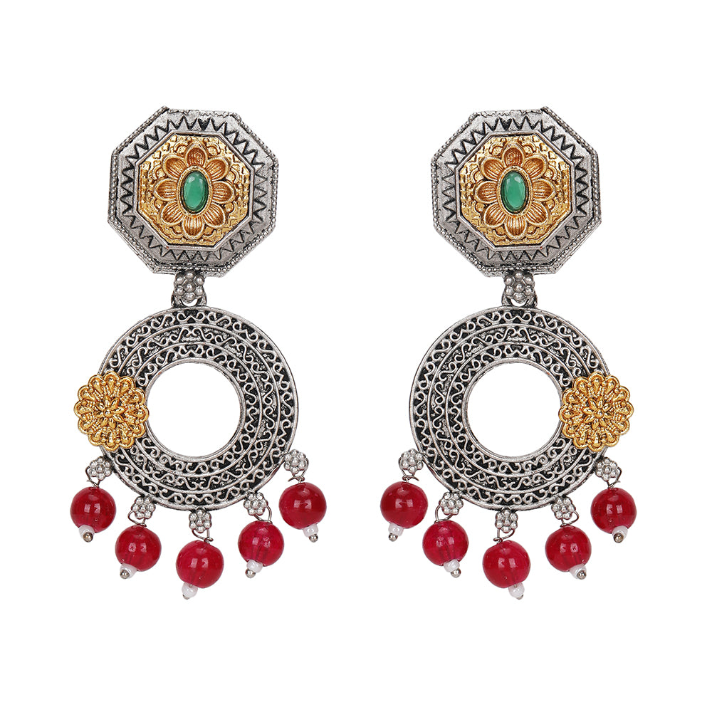 Gold-Plated Oxidized Chandelier Earrings with Red Beads