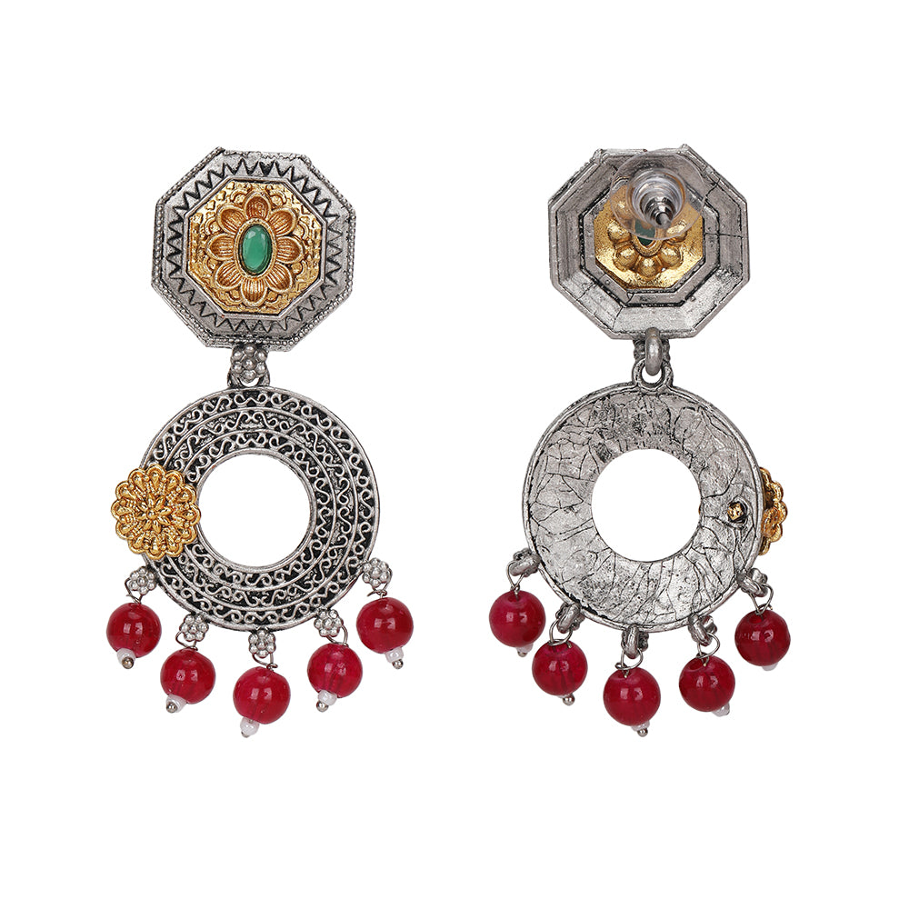 Gold-Plated Oxidized Chandelier Earrings with Red Beads