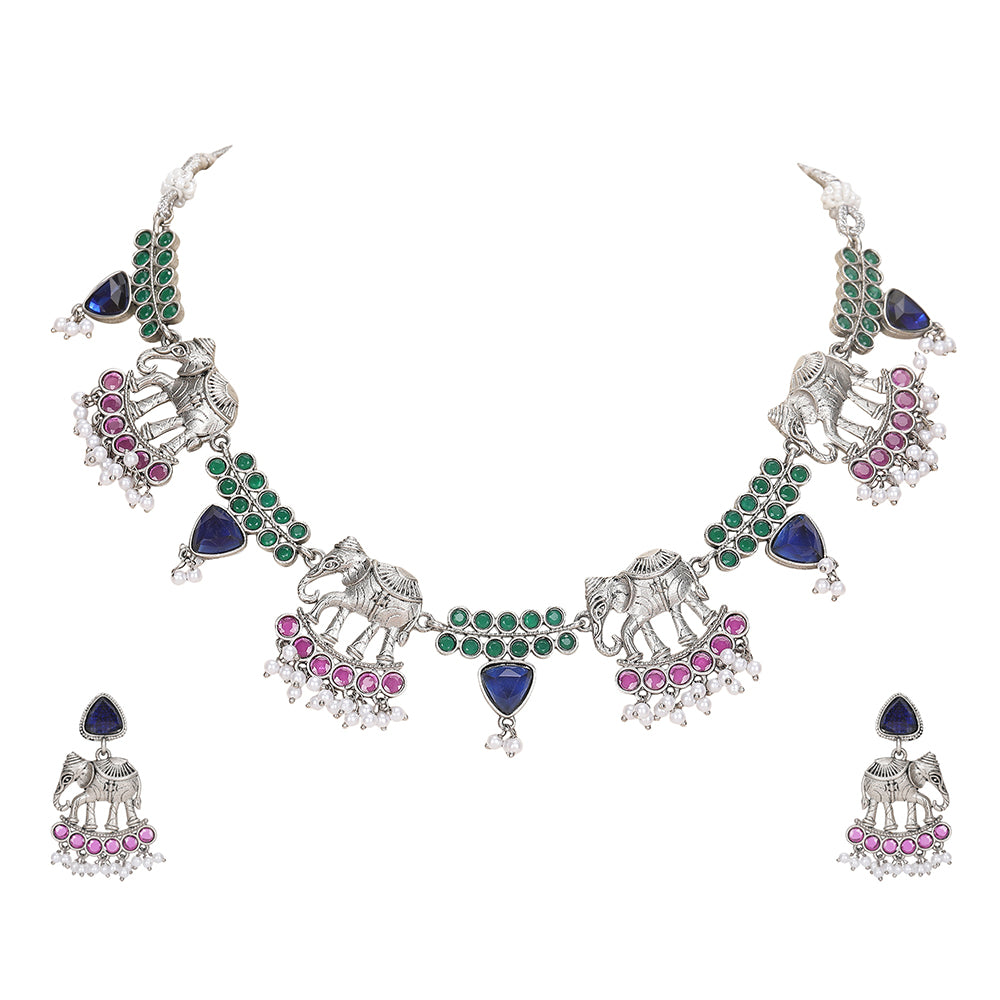 Silver Plated Stone Studded Jewellery Set pair of matching drop earrings