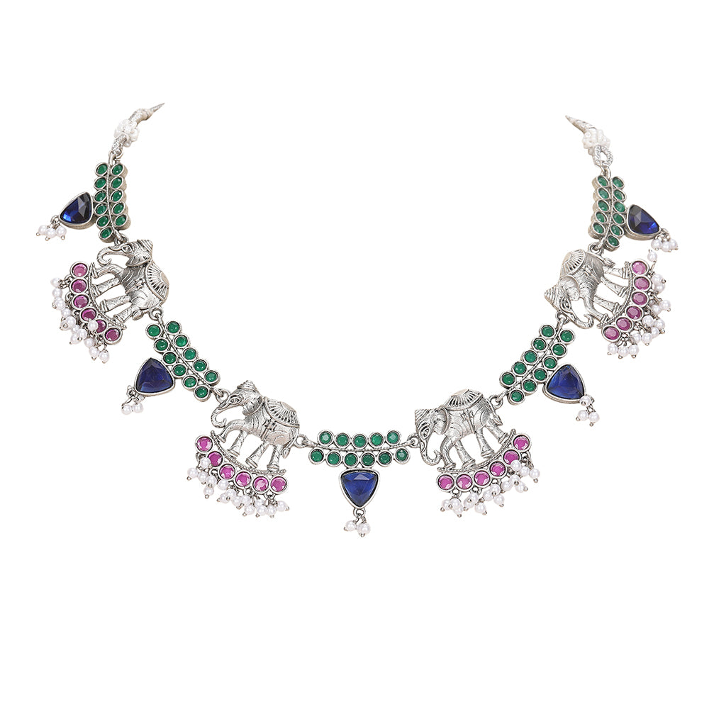 Silver Plated Stone Studded Jewellery Set pair of matching drop earrings