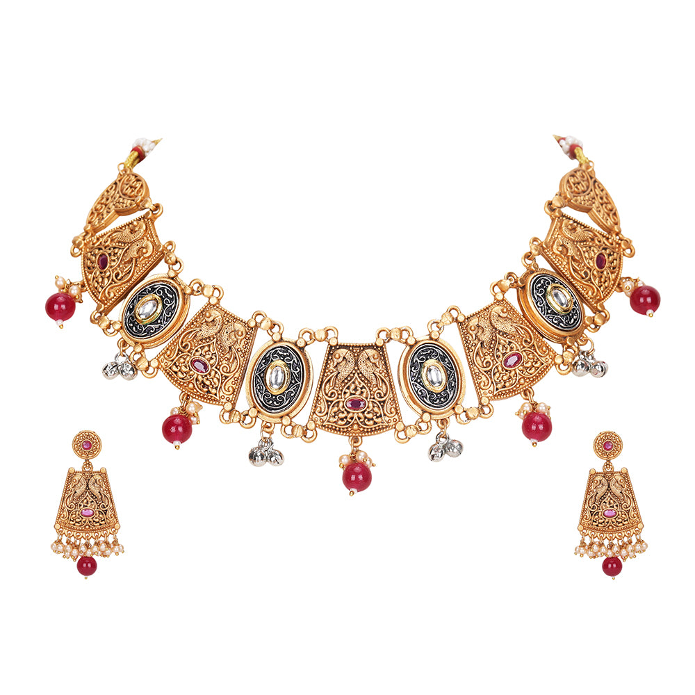 Antique Gold-Plated Temple-Style Choker Jewelry Set with Red Beads