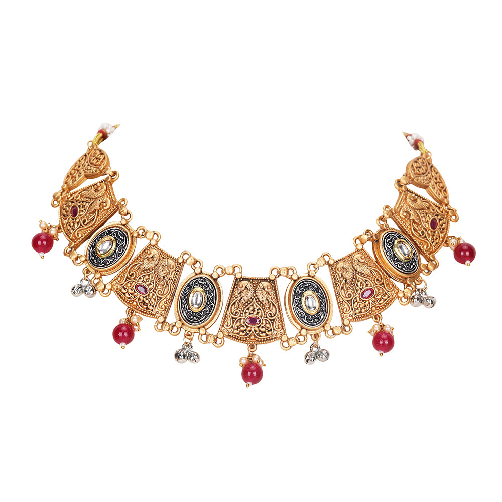 Antique Gold-Plated Temple-Style Choker Jewelry Set with Red Beads
