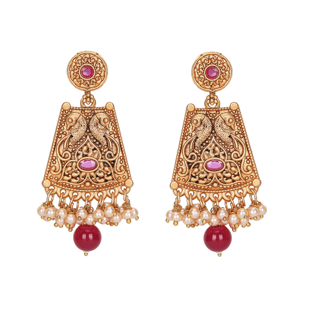 Antique Gold-Plated Temple-Style Choker Jewelry Set with Red Beads