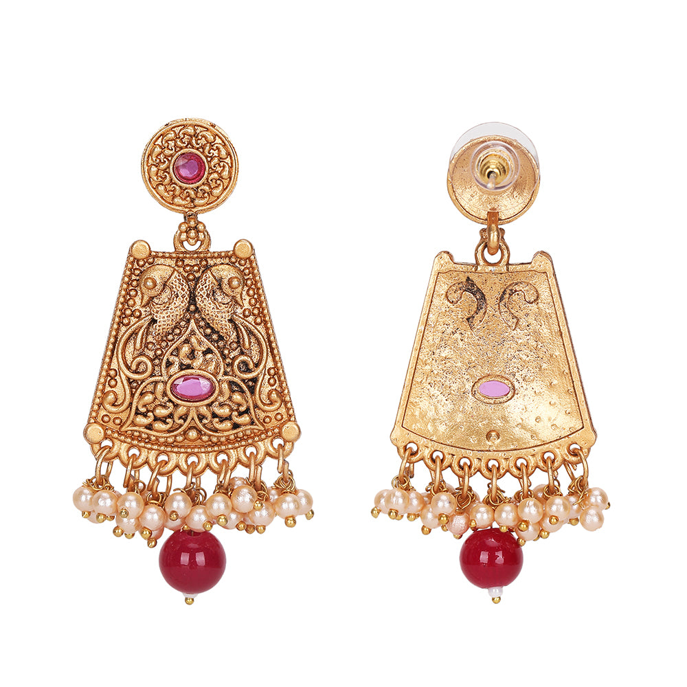Antique Gold-Plated Temple-Style Choker Jewelry Set with Red Beads