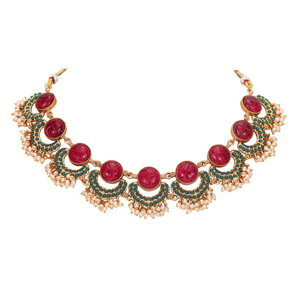 Gold Plated Red Stone Choker Necklace Set with Earrings