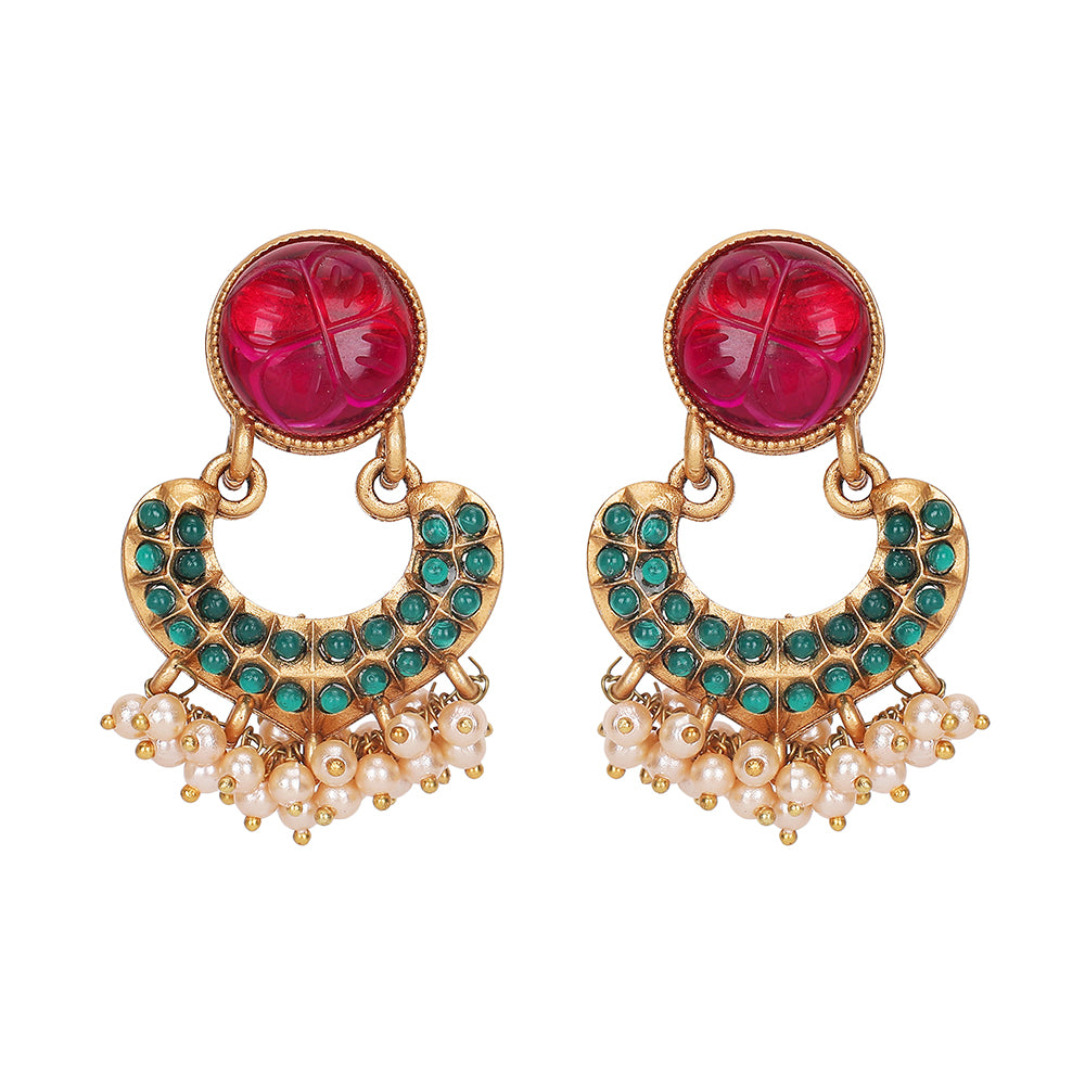 Gold Plated Red Stone Choker Necklace Set with Earrings