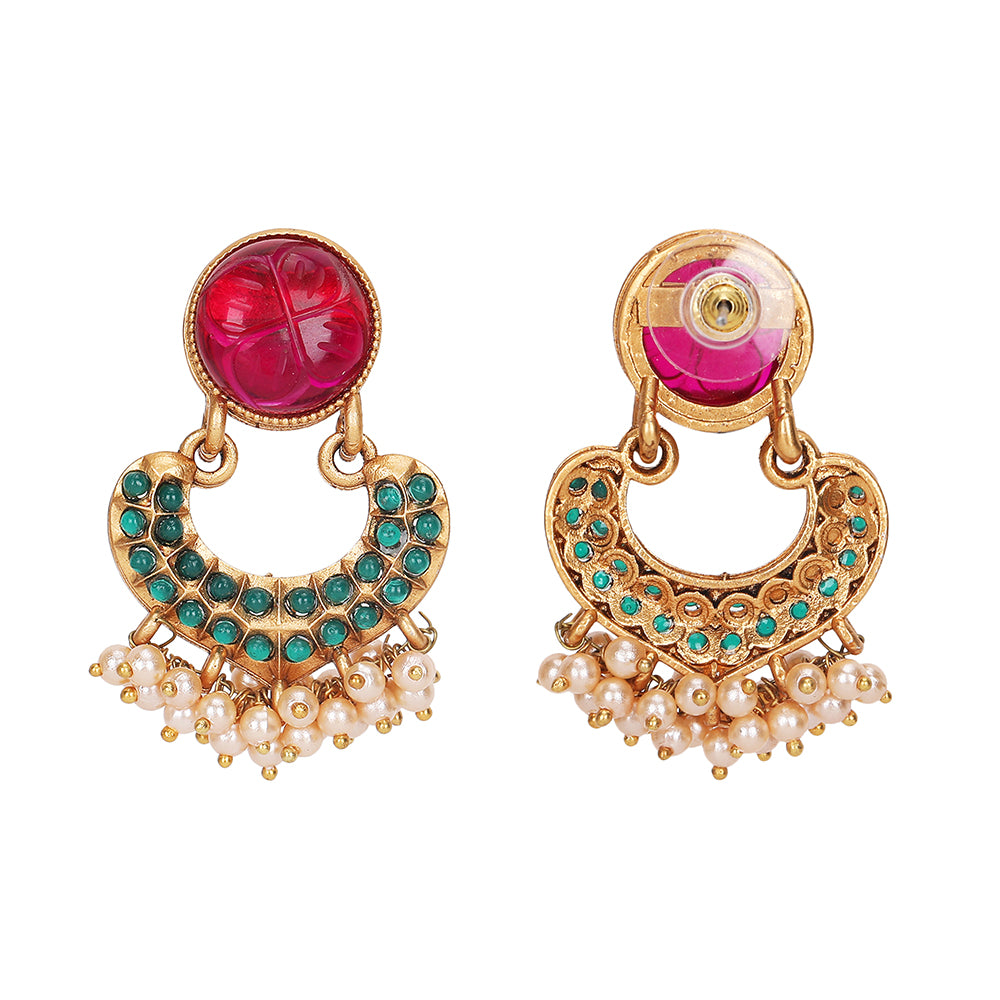 Gold Plated Red Stone Choker Necklace Set with Earrings