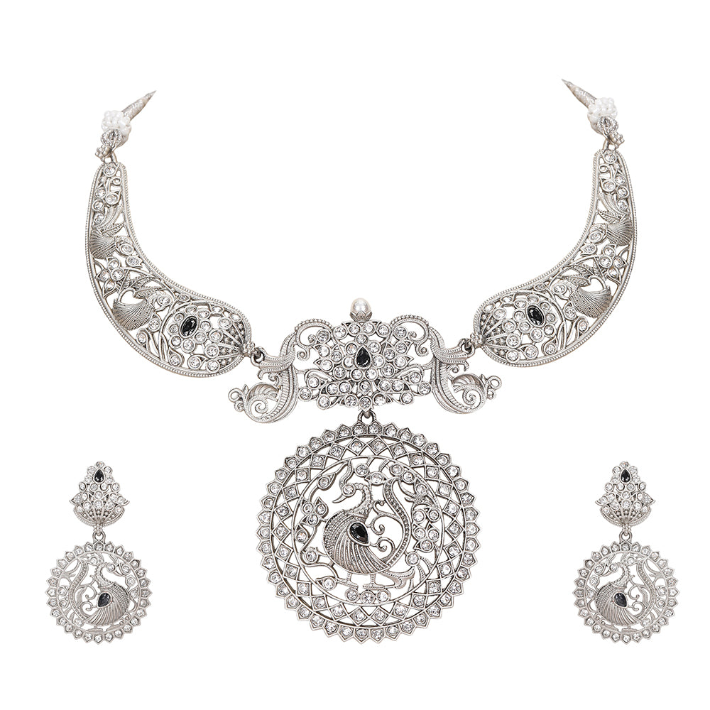 Silver-Plated Choker Necklace Set with Earrings