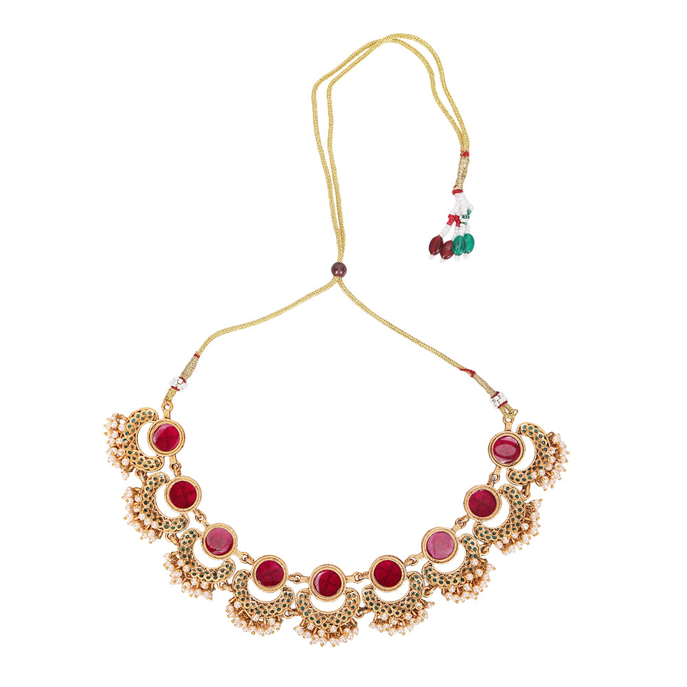 Gold Plated Red Stone Choker Necklace Set with Earrings