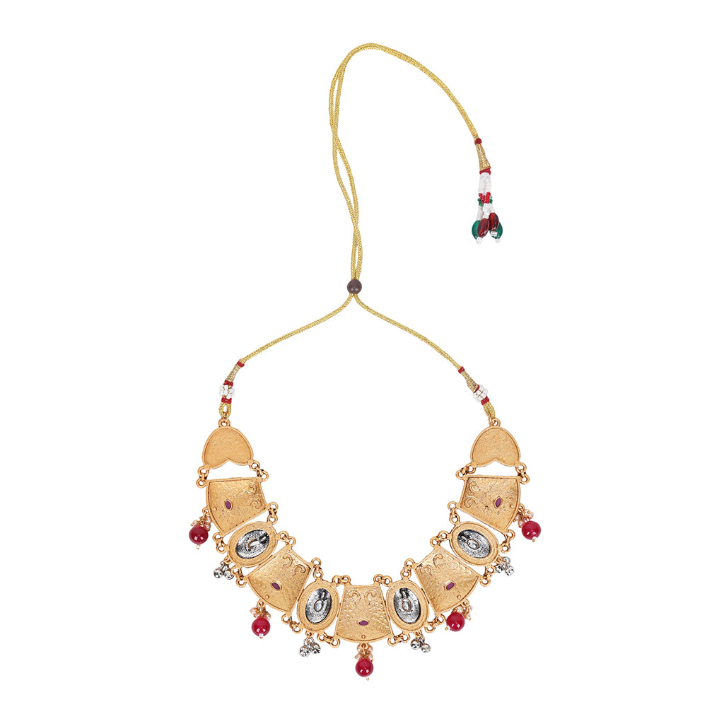 Antique Gold-Plated Temple-Style Choker Jewelry Set with Red Beads