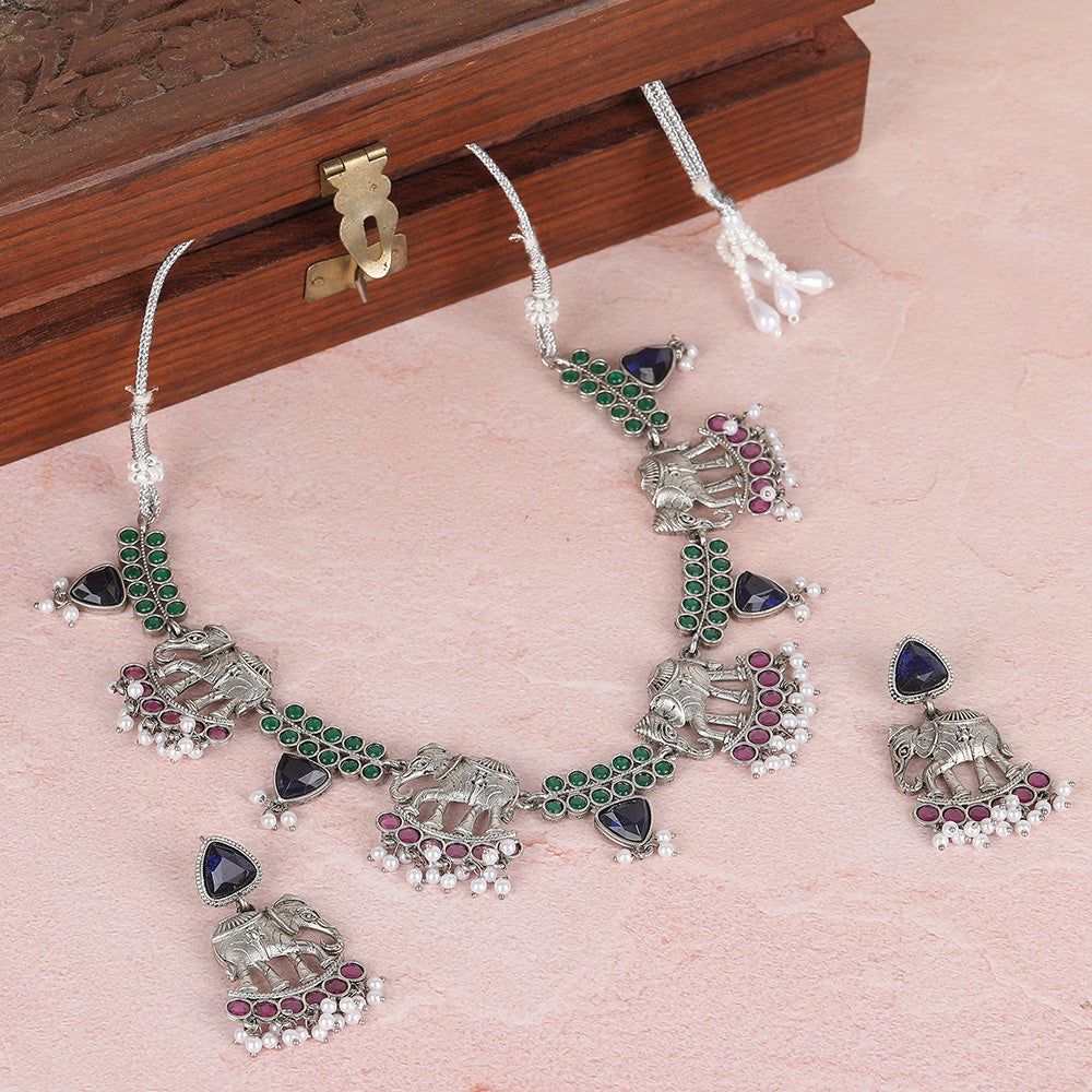 Silver Plated Stone Studded Jewellery Set pair of matching drop earrings