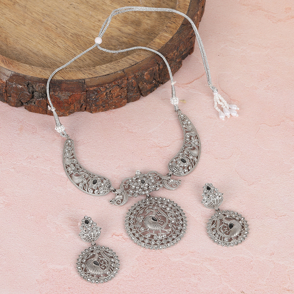 Silver-Plated Choker Necklace Set with Earrings