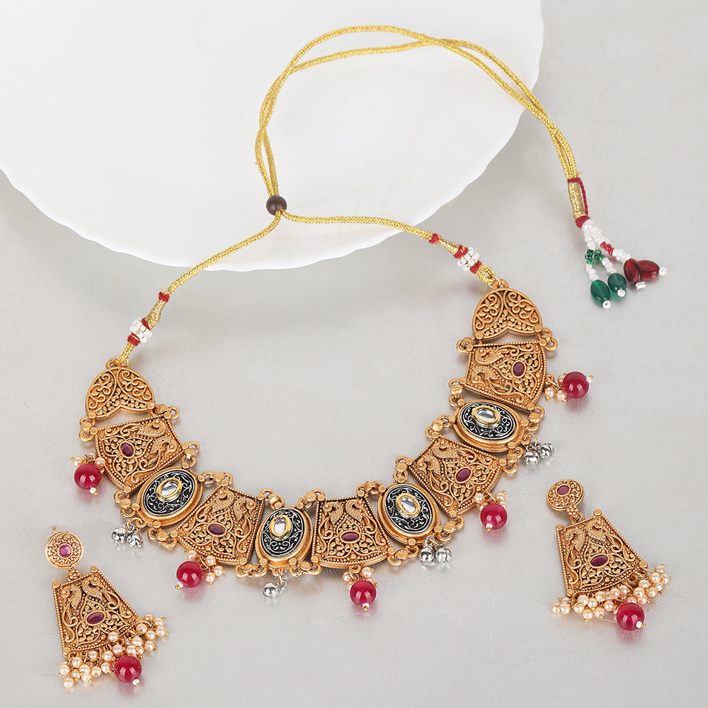 Antique Gold-Plated Temple-Style Choker Jewelry Set with Red Beads
