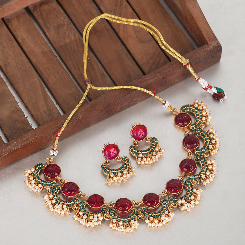 Gold Plated Red Stone Choker Necklace Set with Earrings