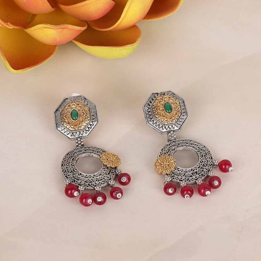 Gold-Plated Oxidized Chandelier Earrings with Red Beads