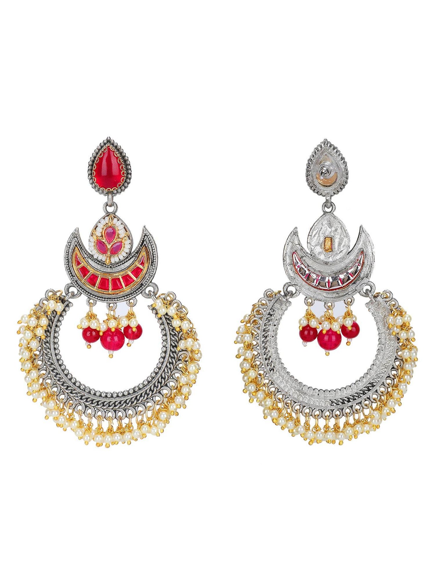 Red Crescent Oxidized Silver Hoop Earrings with Pearl Drops and Kundan Work - Auraa Trends