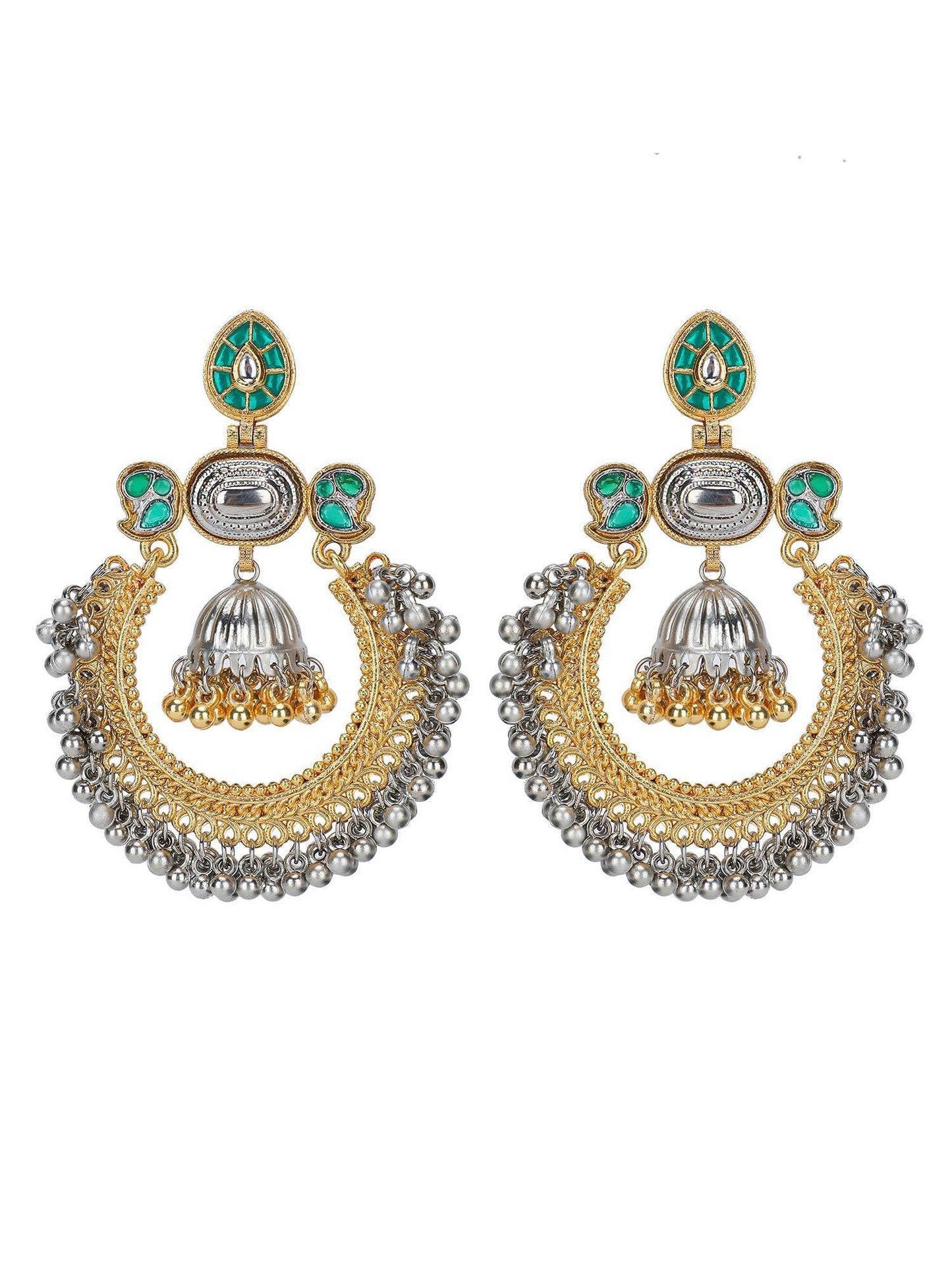 Vintage Gold Silver Double Tone Hoop Earrings with Green Kundan and Dome Jhumka - Auraa Trends
