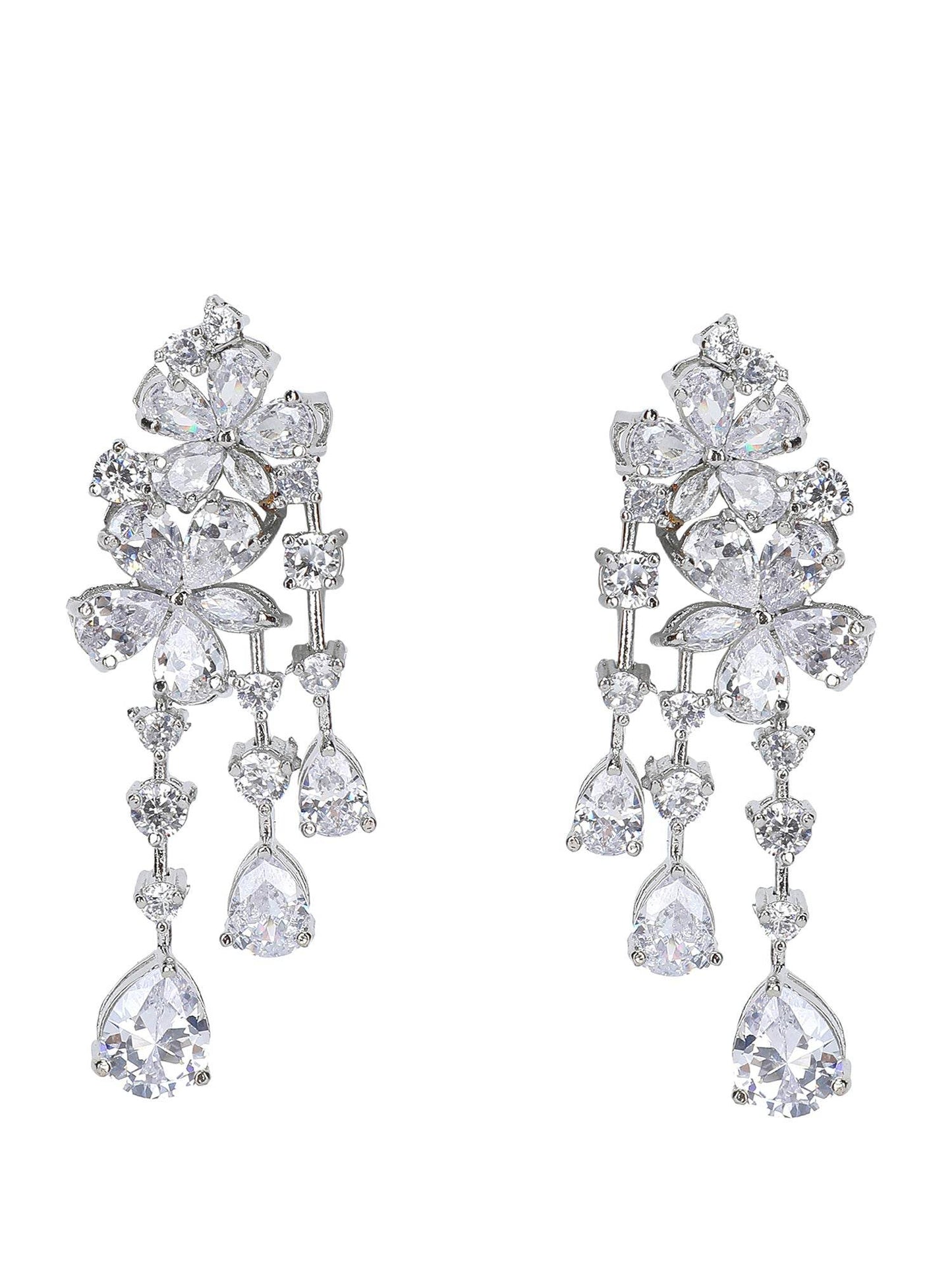Silver Crystal Cascade Earrings with Multi-Cut Zircon Stones - Auraa Trends