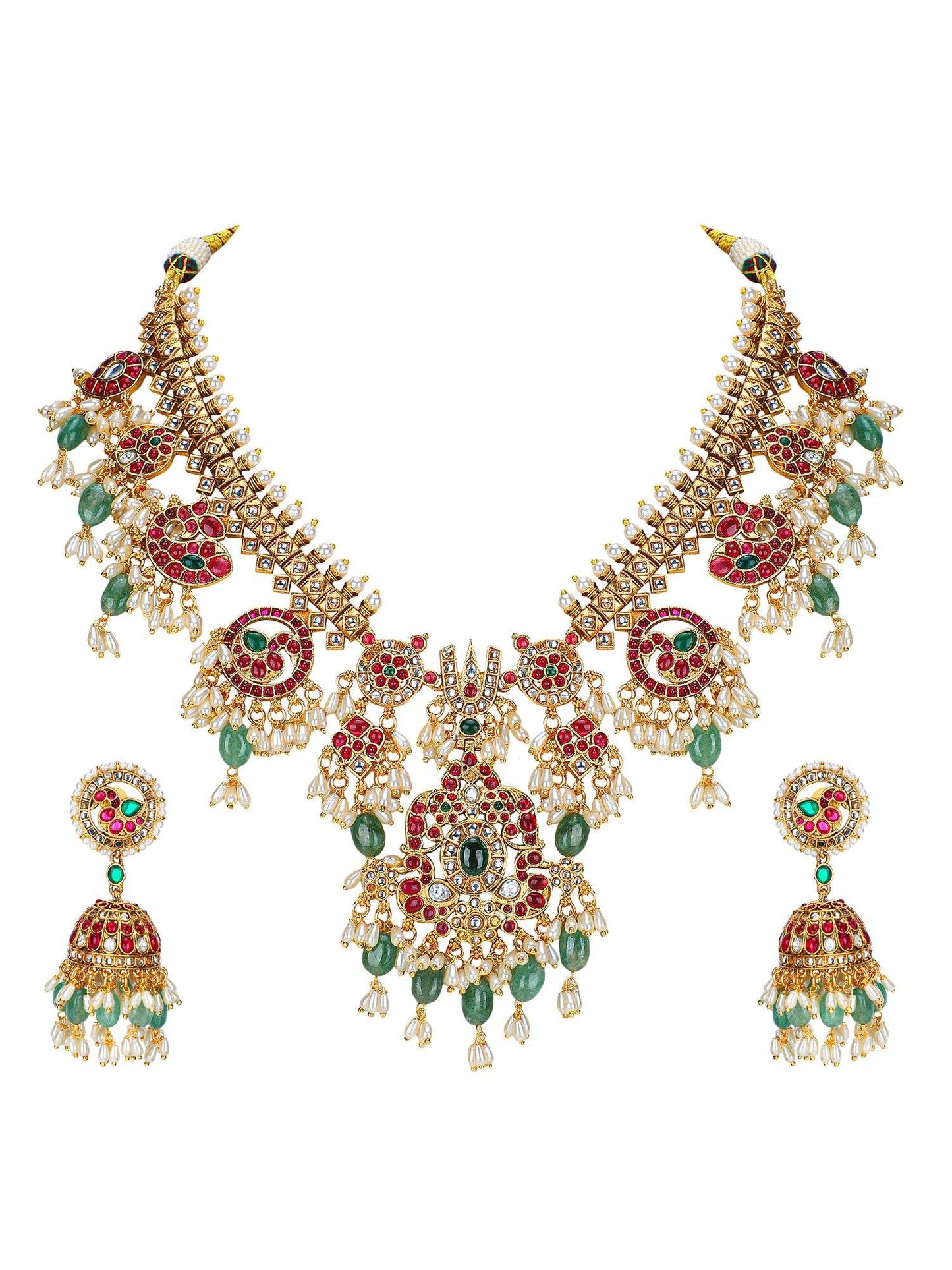 Heritage Bridal Kundan Necklace Set with Green Drops - Auraa Trends