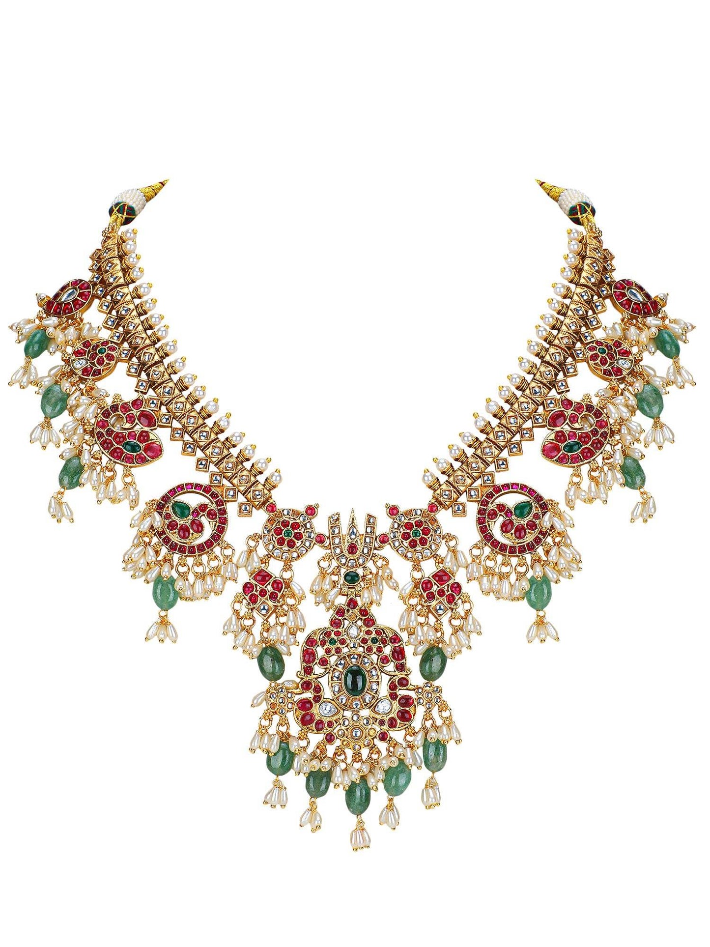 Heritage Bridal Kundan Necklace Set with Green Drops - Auraa Trends