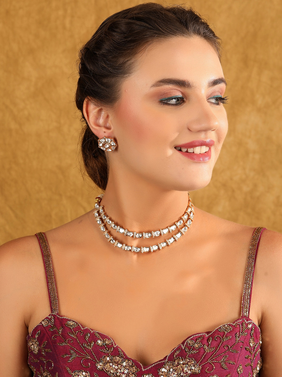 Kundan Necklace Set with Geometric Stud Earrings